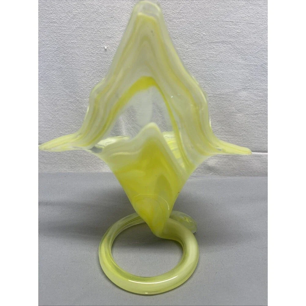 Vintage Swirl Hand Blown Art Glass Sculpture Vase Coil Base Bright Yellow Murano